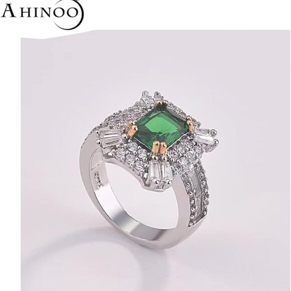Vintage 925 Sterling Silver Emerald Ring Cocktail Rings Square Cut Green Gem Cub - Picture 3 of 4